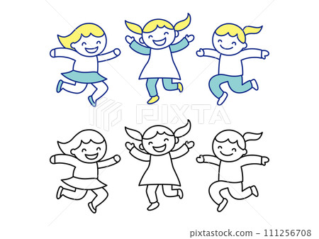 Smiling children (girls) jumping happily 111256708