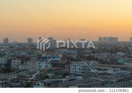 Aerial view of Bangkok Downtown Skyline, Thailand. Financial district and business centers in smart urban city in Asia. Skyscraper and high-rise buildings. 111256961