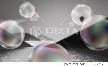 dreamy image of monochrome seascape with soap bubbles, 16:9 widescreen wallpaper / backdrop 111257179
