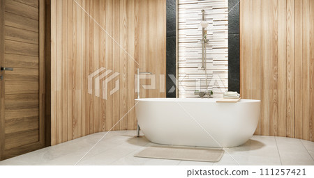 Wooden Japan bathroom modern Onsen minimal style. 111257421