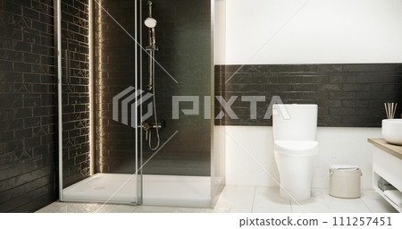 Wooden and black granite wall in Japan bathroom modern Onsen minimal style 111257451
