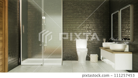 Wooden and black granite wall in Japan bathroom modern Onsen minimal style 111257453