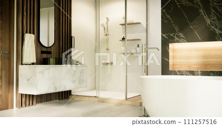 Wooden and black granite wall in Japan bathroom modern Onsen minimal style 111257516
