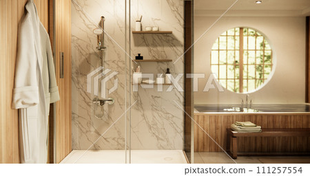 Wooden Japan bathroom modern Onsen minimal style. Wooden Japan bathroom modern Onsen minimal style. 111257554