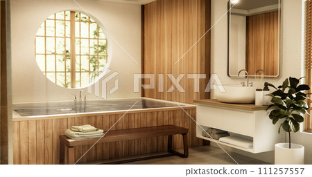 Wooden Japan bathroom modern Onsen minimal style. 111257557