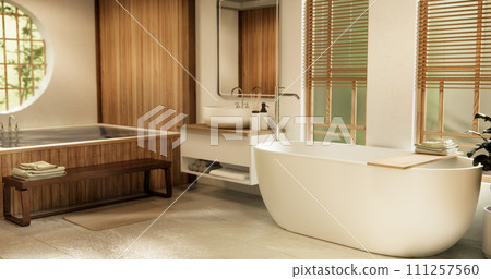 Wooden Japan bathroom modern Onsen minimal style. 111257560