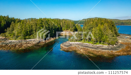 Rocky shore on Pacific Ocean West Coast. Sunny Day. Vancouver Island, BC, Canada. 111257574