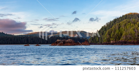 Canadian Nature Landscape on the West Coast of Pacific Ocean. Background Panorama. Canadian Nature Landscape on the West Coast of Pacific Ocean. Background Panorama. 111257603