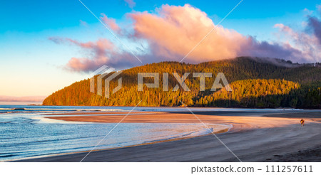 Canadian Nature Landscape on the West Coast of Pacific Ocean. Sandy Beach. Background Panorama. Canadian Nature Landscape on the West Coast of Pacific Ocean. Sandy Beach. Background Panorama. 111257611