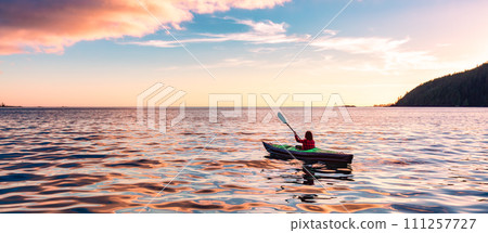 Kayaking in Canadian Nature Landscape on the West Coast of Pacific Ocean. 111257727