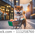 Shiba Inu shopping with cart AI generated material 111258760