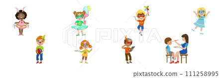 Kids With Painted Faces at Party or Festive Carnival Vector Set 111258995