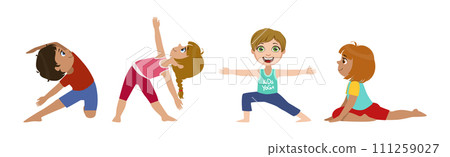 Children Doing Yoga Physical Exercises in Different Asana Vector Set 111259027