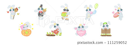Funny Hare Character with Cute Snout Engaged in Different Activity Vector Set Funny Hare Character with Cute Snout Engaged in Different Activity Vector Set 111259052