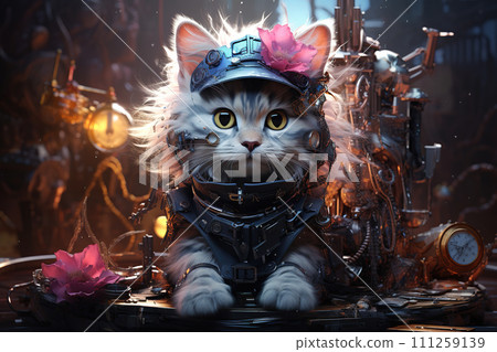 Fantasy portrait of a cat in a steampunk costume. 3D rendering. Generative AI 111259139