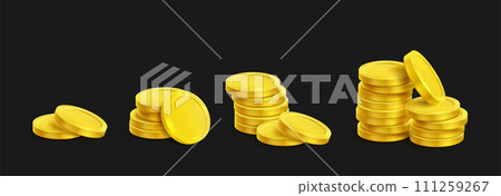 3D piles of golden coins on black background 3D piles of golden coins on black background 111259267