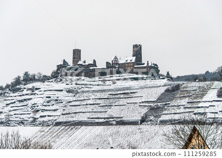 Winter at Burg Thurant Castle at the Mosel vineyards nestled in the hills above the Moselle River Germany Town Alken 111259285