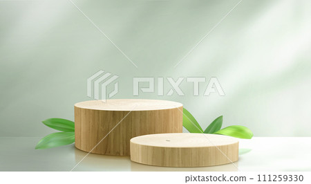 Round wooden 3d product podium with green leaf 111259330