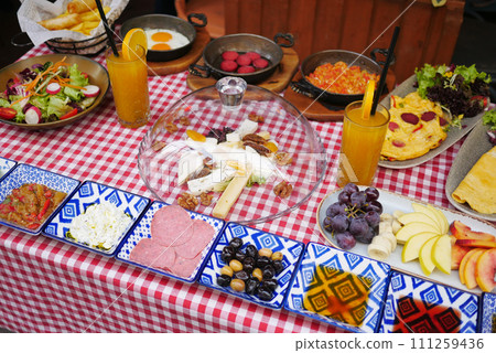 top view of turkish breakfast on table  111259436