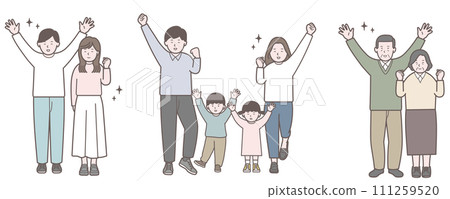 Full body illustration of a happy young couple, a young couple and a couple with children, and an elderly couple 111259520
