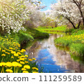 Spring brook with cherry blossoms blooming AI generated material 111259589