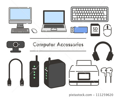 Illustration set of computer peripherals Illustration set of computer peripherals 111259620