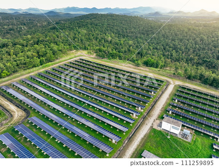 Landscape of solar farm. Solar power for green energy. Sustainable renewable energy. Photovoltaic power station or solar park. Solar panel installation and maintenance concept. Energy sustainability. 111259895