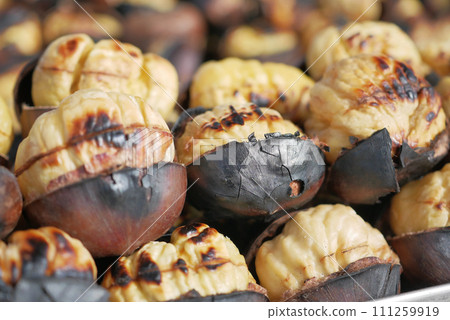 traditional Istanbul street food grilled chestnuts in a row traditional Istanbul street food grilled chestnuts in a row 111259919