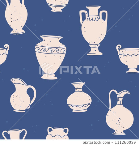 Seamless pattern antique vases. Background with ceramic pot, pottery vase, various jug. Wallpaper with abstract silhouettes amphora shape. Vector texture Seamless pattern antique vases. Background with ceramic pot, pottery vase, various jug. Wallpaper with abstract silhouettes amphora shape. Vector texture 111260059