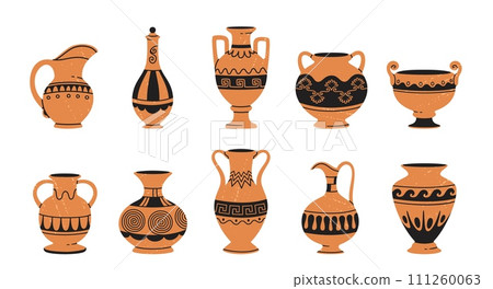 Antique pottery vases. Cartoon old vase, old pot, greek amphora, ancient urn with decorative ornaments and patterns. Clay ceramic decoration vector set Antique pottery vases. Cartoon old vase, old pot, greek amphora, ancient urn with decorative ornaments and patterns. Clay ceramic decoration vector set 111260063