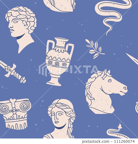 Seamless pattern ancient sculptures. Background with museum antique sculptures and objects. Greek mythological character, trendy statues and elements. Vector wallpaper 111260074