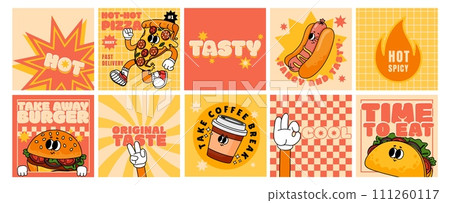 Fast food cards. Retro posters, stickers with hot dog, taco, burger, pizza for menu cafe, restaurant. Funky patches. Slogan, quote, groovy food characters. Vector set 111260117