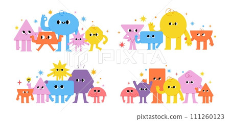 Geometry characters. Comic funny basic geometric figures group for banner and poster. Different emotion, kids compositions for child studying. Vector cute shapes 111260123