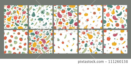 Vegetables pattern. Seamless background with hand drawn different vegetable and greens. Organic natural food. Abstract print tomato, pumpkin, pepper, onion. Vector set Vegetables pattern. Seamless background with hand drawn different vegetable and greens. Organic natural food. Abstract print tomato, pumpkin, pepper, onion. Vector set 111260138