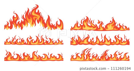 Cartoon fire borders. Flame frame, blazing dividers, hot flaming banners. Wildfire campfire and ignite elements, fire trail and flammable border isolated vector set 111260194
