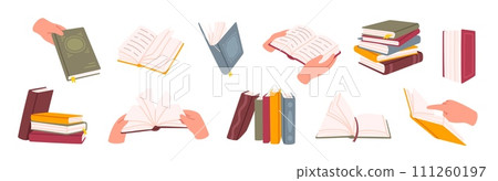 Reading books. Readers hands holding book, textbook with bookmarks. Open notebook and literature stack, diary. Library interior, education isolated elements vector set Reading books. Readers hands holding book, textbook with bookmarks. Open notebook and literature stack, diary. Library interior, education isolated elements vector set 111260197