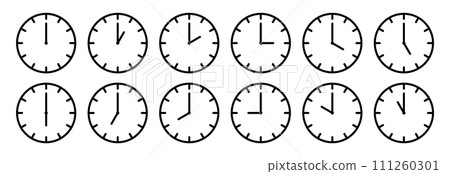 Clocks hands icon. Time sign for every hour. Stopwatch, clock faces set. Evening, morning and noon time. Simple hour icons. Vector illustration isolated on white background Clocks hands icon. Time sign for every hour. Stopwatch, clock faces set. Evening, morning and noon time. Simple hour icons. Vector illustration isolated on white background 111260301