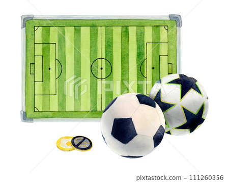Soccer football field pitch watercolor drawing. Gridiron playing surface oval. Green line star pentagon ball. Sports gear train team. Coin token bet match goalkeeper. Design diagram stadium world Soccer football field pitch watercolor drawing. Gridiron playing surface oval. Green line star pentagon ball. Sports gear train team. Coin token bet match goalkeeper. Design diagram stadium world 111260356