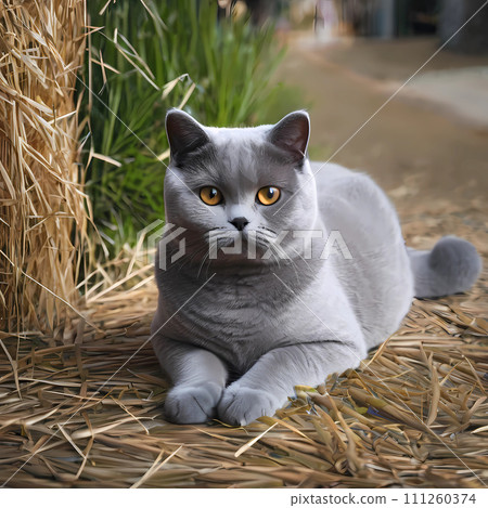 British Shorthair cat standing in the grass.  111260374