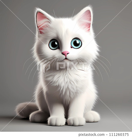 Cute white kitten with blue eyes sitting on gray background.  111260375