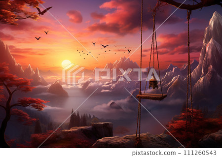 3D render of a fantasy landscape with a swing and flying birds. Generative AI 111260543