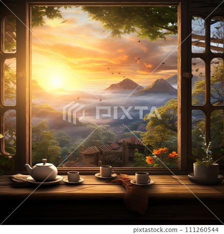 Tea set on a wooden table in front of the window overlooking the morning fog. Generative AI Tea set on a wooden table in front of the window overlooking the morning fog. Generative AI 111260544