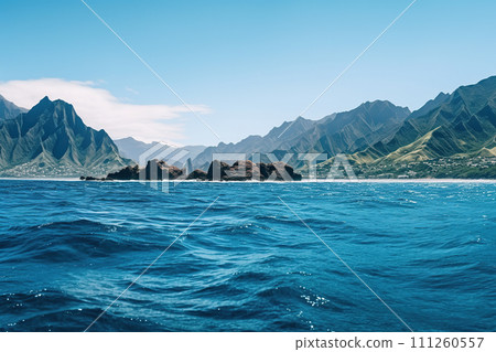 Beautiful seascape with mountains and a blue sea. Nature composition. Generative AI 111260557