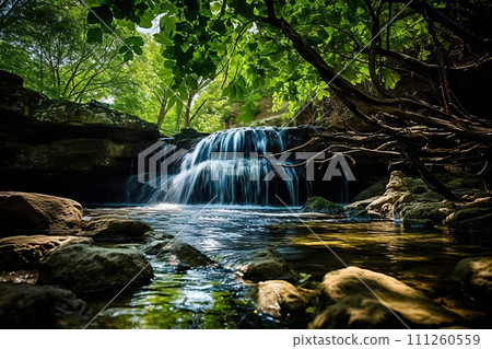 Waterfall in the forest. Beautiful waterfall in the forest. Nature background. Generative AI 111260559