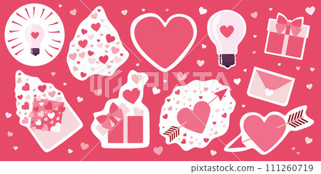 Valentines day Sticker pack Set. Vector Flat style Romantic Collection. Design Art for cards, posters, banners. Heart with Arrow, Gift box, Love letter, Envelope. February Romantic Celebration element Valentines day Sticker pack Set. Vector Flat style Romantic Collection. Design Art for cards, posters, banners. Heart with Arrow, Gift box, Love letter, Envelope. February Romantic Celebration element 111260719
