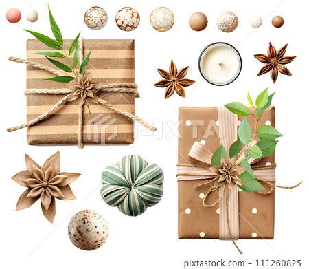 Set of eco-friendly objects. Craft paper wrapped gift with green leaf, stone and wooden beads, candle. Ecology, environmental conservation and zero waste collection. Isolated on white background 111260825
