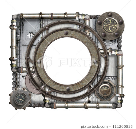 Metallic frame with vintage metal details, pipelines, gear, retro rivets. Isolated on white background. Mock up template. Copy space for text. Can be used for steampunk, industrial, mechanical design Metallic frame with vintage metal details, pipelines, gear, retro rivets. Isolated on white background. Mock up template. Copy space for text. Can be used for steampunk, industrial, mechanical design 111260835