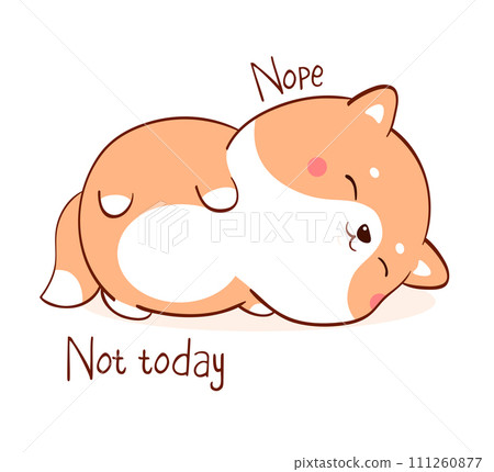 Square card with a lying lazy dog and inscription Nope Not today. Funny sleeping fat shiba inu puppy in kawaii style. Vector illustration EPS8 111260877