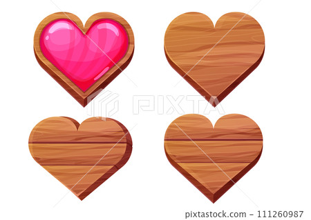 Set wooden heart shape plank with wood texture in cartoon style isolated on white background. Board, game ui element, frame, decoration. Set wooden heart shape plank with wood texture in cartoon style isolated on white background. Board, game ui element, frame, decoration. 111260987