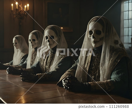AI-generated content. Skeletons in White Robes at a Dark Table, AI Generated 111260988
